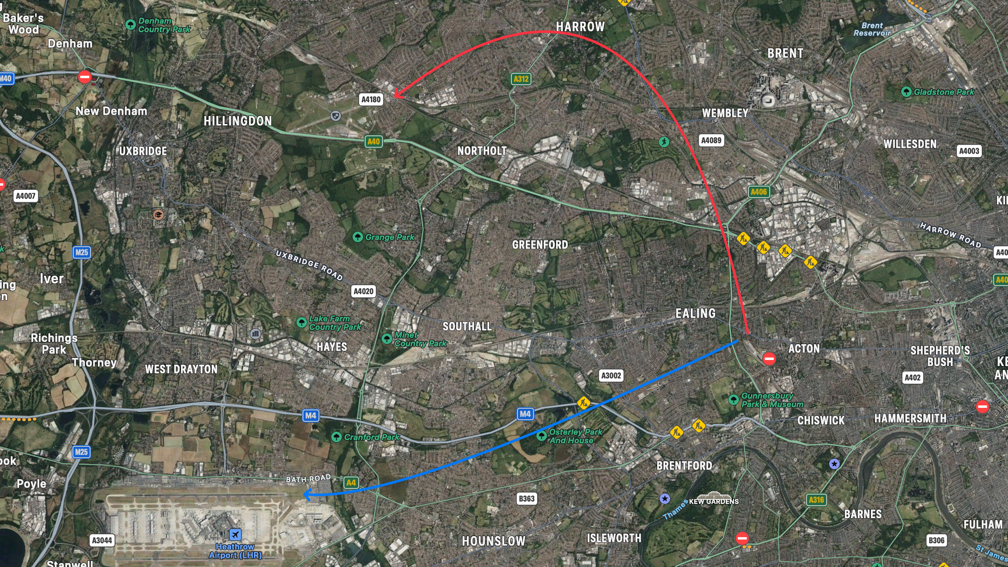 Map of Central London with possible routes to Heathrow and RAF Northolt